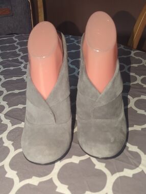 Suede Grey Heeled Ankle Boots with Crossover Vamp